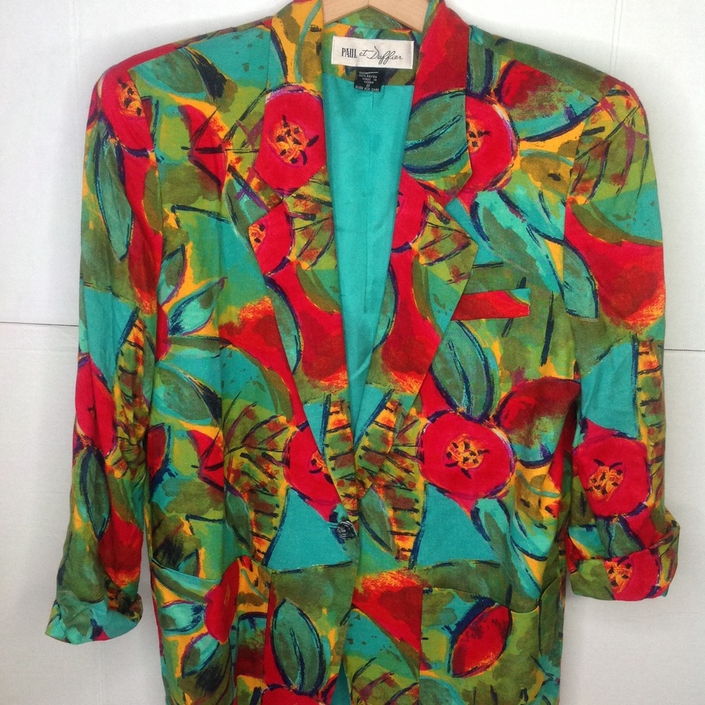 Vintage Green Abstract Blazer Blue Boyfriend Coat